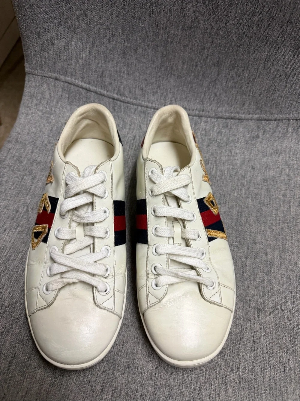 White Leather 'Loved' Low-Top Sneakers with Red & Blue Stripe